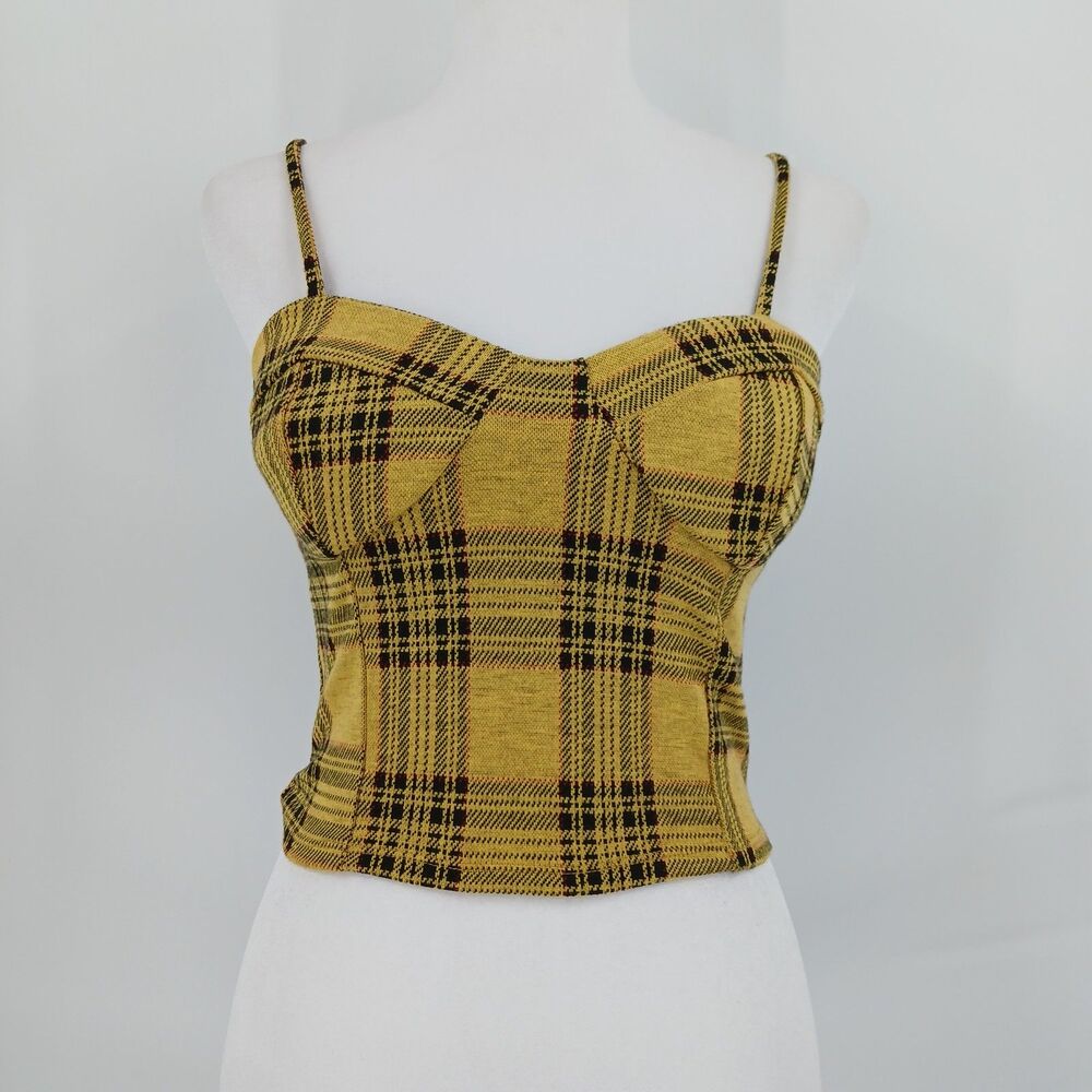womans Liz & Sara Yellow Plaid Knit Bustier Cami Top Size Small